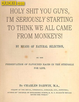 CRACKED.COM HOLY SHIT YOU GUYS, I'M SERIOUSLY STARTING TO THINK WE ALL CAME FROM MONKEYS! BY MEANS OF NATURAL SELECTION, TH PRESERVATION OP FAVOURED R