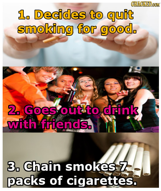 GRAGKEDOON 1. Decides to quit smoking for good. 2. Goes out to drink with friends. 3,. chain smokes Z packs of cigarettes.