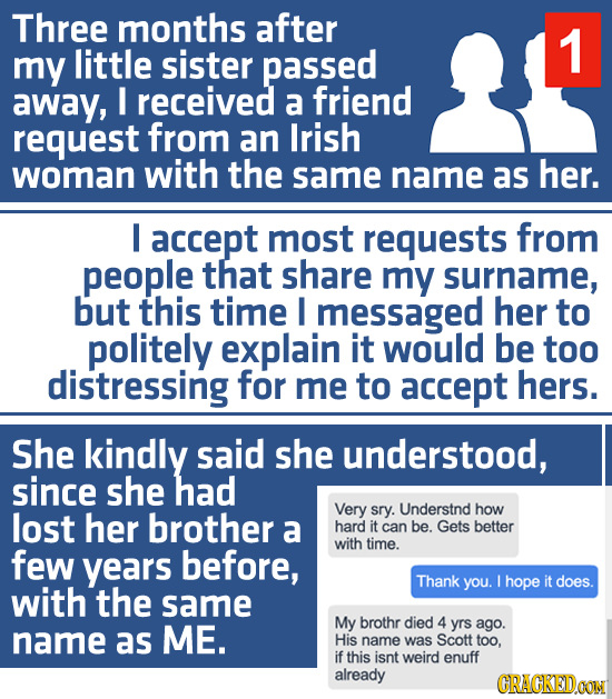 Three months after 1 my little sister passed away, I received a friend request from an Irish woman with the same name as her. I accept most requests f