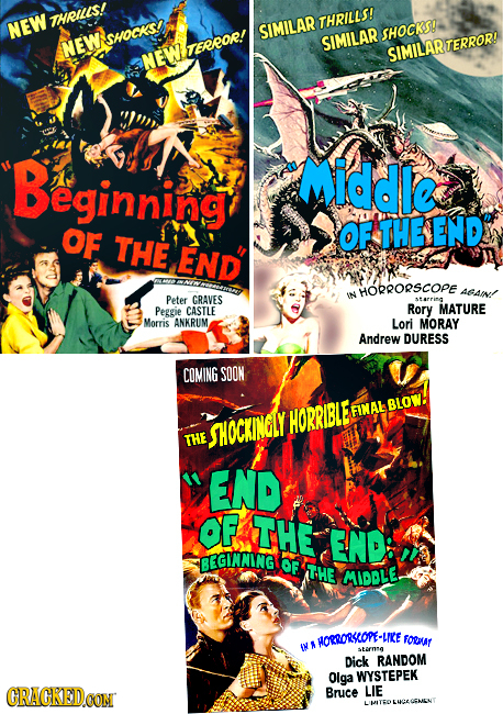 THRILAS! THRILLS! NEW SIMILAR SHOCKS! SHOCKS! NEW SIMILAR TEREOR! NEW SIMILARTERROR! Beginning mMiddle OF OF THE END THE END HORRORSCOPE ABAIN! Peter