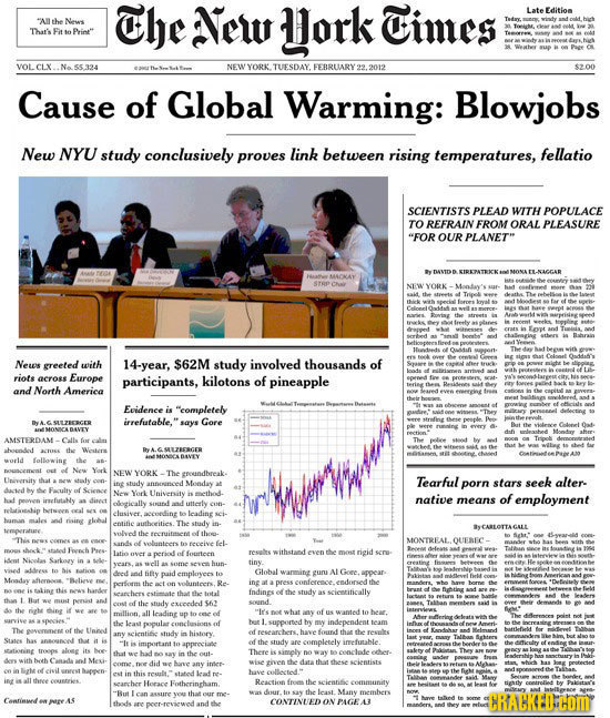 The New Hork Times Late Editioa Al the News That's Fit fo Print YORK. TUESDAY. FEBRUARY 2012 Cause of Global Warming: Blowjobs New NYU study conclus