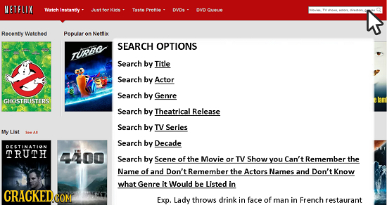 NETFLIX Witeh Instantly JJust tor Kids Taste Protle DODe DND Qutue Recently Watched Popular on Netflix SEARCH OPTIONS TupPso Search by Title Search by