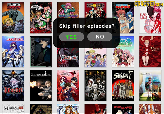 GRACKED FOLLLIIAL SOM FR CON SI DAIMAO EAb ELFEN LED Skip filler episodes? YES NO AoeBo'sl Vxy: 7ARHBUNDE Trinitu Blood TAie GUNSUNGERSIRI. SAKuRa7 CL