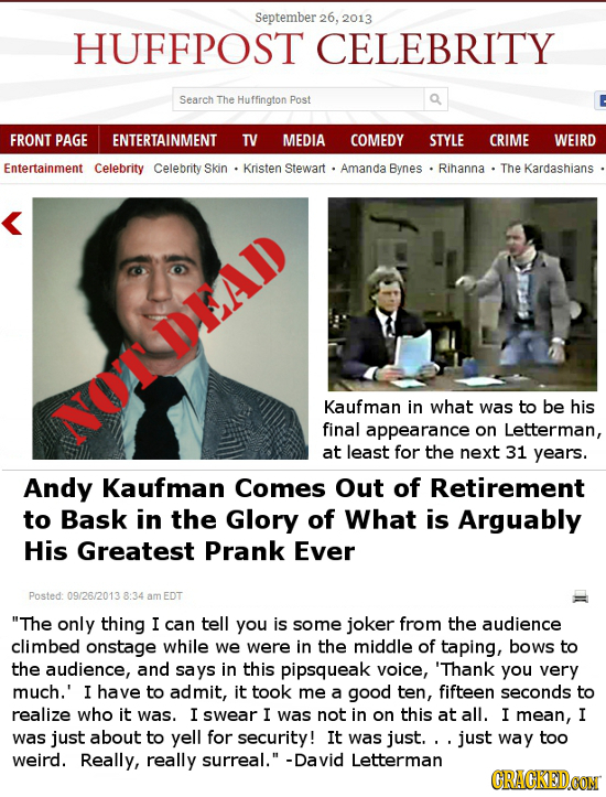 September 26, 2013 HUFFPOST CELEBRITY Search The Huffington Post FRONT PAGE ENTERTAINMENT TV MEDIA COMEDY STYLE CRIME WEIRD Entertainment Celebrity Ce