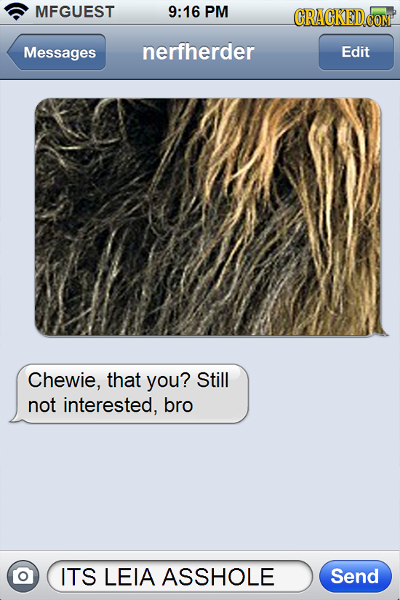 MFGUEST 9:16 PM Messages nerfherder Edit Chewie, that you? Still not interested, bro O ITS LEIA ASSHOLE Send