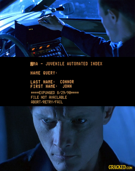 UMA JUVENILE AUTOMATED INDEX NAME QUERY: LAST NAME: CONNOR FIRST NAME: JOHN *EXPUNGED 8/29/90 FILE NOT AVAILABLE ABORT/RETRY/FAIL 