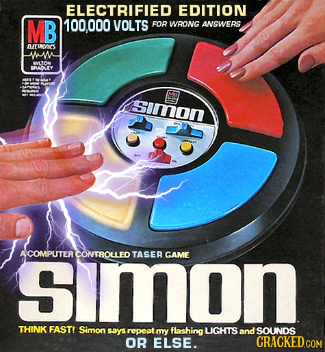 ELECTRIFIED EDITION MB 000 VOLTS FOR WRONG ANSWERS LUCIROCS WNA BLYON DAAOLEY AE Simon simon COMPUTER CONTROLLED TASEB GAME THINK FAST! Simon says rep