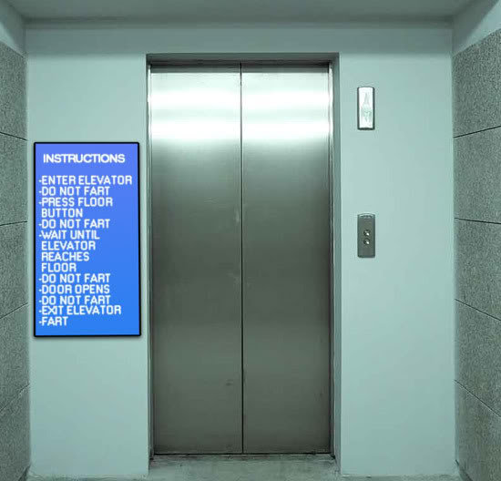 INSTRUCTIONS -ENTER ELEVATOR -DO NOT FART -PRESS FLOOR BUTTON -DO NOT FART WAIT UNTIL ELEVATOR REACHES FLOOR -DO NOT FABT -DOOR OPENS -DO NOT FART -EX