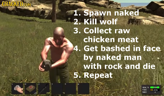1. Spawn naked 2. Kill wolf 3. Collect raw chicken meat 4. Get bashed in face by naked man with rock and die 5. Repeat HTH roon de PRS