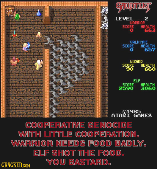 EHULFFILET LEVEL 2 WJARRIOR SCORE HEALTH O 663 UALKYRIE SCORE HEALTH O 657 WIZARD SCORE HEALTH 90 660 ELF SCORE HEALTH 2590 3060 1985 ATARI GAMES COOP