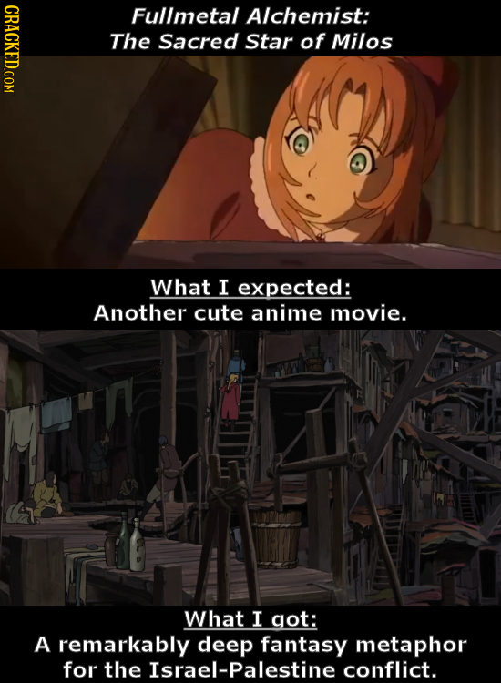 Fullmetal Alchemist: The Sacred Star of Milos What I expected: Another cute anime movie. What I got: A remarkably deep fantasy metaphor for the Israel