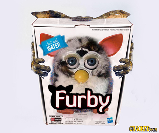 WARNING DO NOT Feso Are Miary add JJust WATER Furby FOWERUP WITW X4 BATYES ALKALLINE BATTURIES NOT AGES 6+ INCLUOD REORID CRACKEDCON