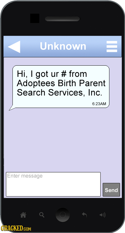 Unknown Hi, I got ur # from Adoptees Birth Parent Search Services, Inc. 6:23AM Enter message Send