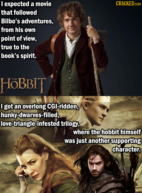 I expected a movie CRACKED COM that followed Bilbo's adventures, from his own point of view, true to the book's spirit. HOBBIT THE I got an overlong C