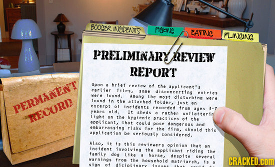 BOOCER INDENT'S laiNe EAVING FLNCIN PRELIMINARYREVIETN REPORT Upon a brief review of the applicant's earler files, sone disconcerting entries were fou