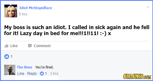 Idiot McStupidface 5 hrs My boss is such an idiot. I called in sick again and he fell for it! Lazy day in bed for me!!!1!!11!:-) Like Comment 1 The Bo