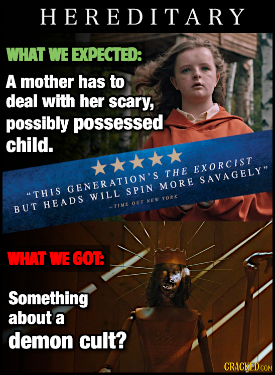 HEREDITARY WHAT WE EXPECTED: A mother has to deal with her scary, possibly possessed child. EXORCIST THE SAVAGELY GENERATION'S MORE THIS SPIN WILL Y