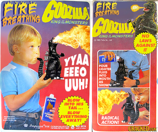 FIKE ODZIV FIRE ENA ATHING EREATHING HING KING o MONSTERS GODZLL KING MONSTERS NO 1915 Toho Lr LAWS AGAINST. IT YYAA 8 POUR EEEO LIGHTER FLUID INTO UU