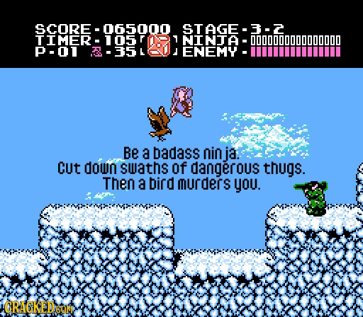 SCORE 0650100 STAGE- 3-2 IMER 1 NINTA -00000000 P-01 L J ENEMY Be a badass nin ja: Cut down swaths of dangerous thugs. Then a bird urders you. CRAGKED