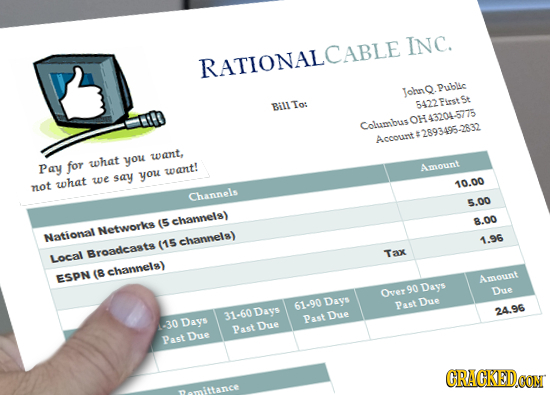INC. RATIONALCABLE JohnQ. Public BillTo: 5422First St 0143204-6775 Columbus #2893495-2833 Accornt want. what you Pay for want! Amount say you what we