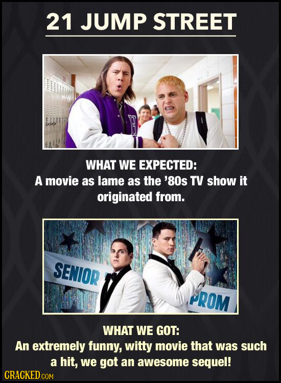 21 JUMP STREET WHAT WE EXPECTED: A movie as lame as the '80s TV show it originated from. SENIOR PROM WHAT WE GOT: An extremely funny, witty movie that