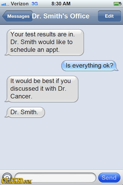 mI_. Verizon 3G 8:30 AM Messages Dr. Smith's Office Edit Your test results are in. Dr. Smith would like to schedule an appt. Is everything ok? It woul