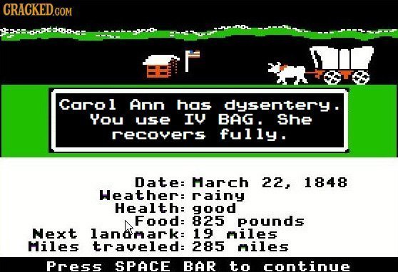 CRACKED.COM DOHE q.em Corol Ann hos dysentery. You use IY BAG. She recovers fully. Date: March 22, 1848 Heather: rainy Health: good Food: 825 pounds N