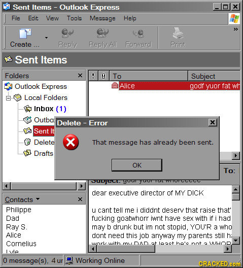 Sent Items- - Outlook Express X File Edit View Tools Message Help >> Create Peply Peply All Forard PRiNt Sent Items Folders O To Subject Outlook Expre