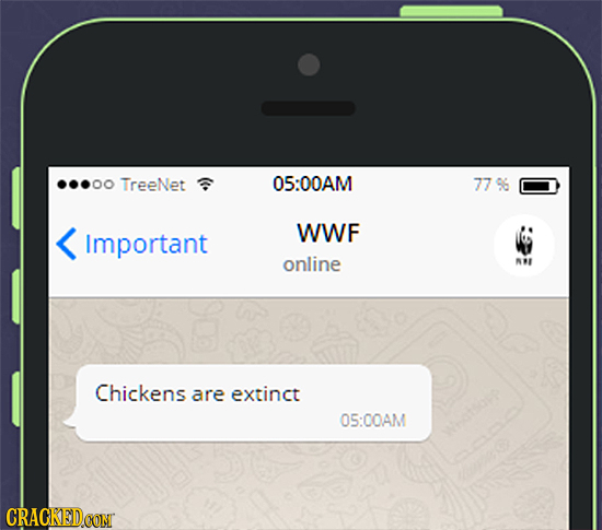 ...00 TreeNet 05:00AM 779 WWF Important online # Chickens are extinct 05:00AM Wotsou CRACKEDCON