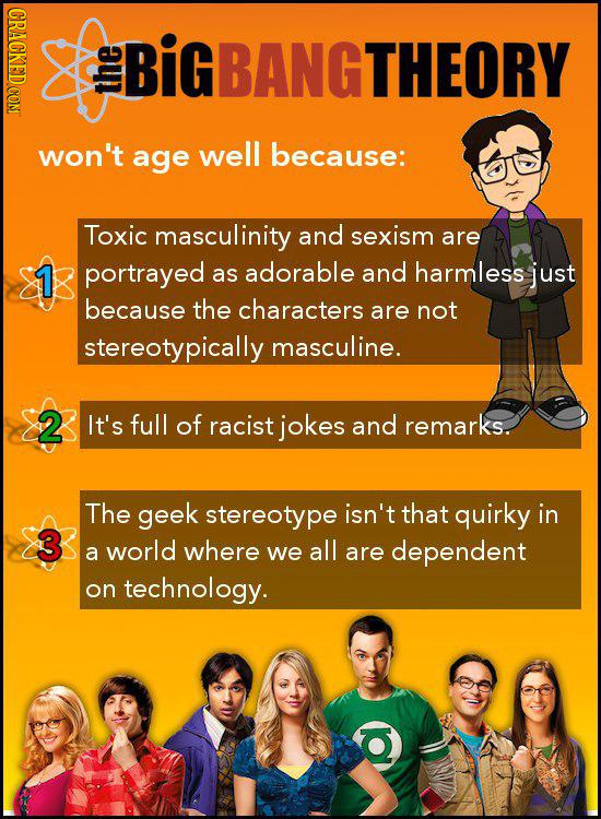 CRACKED CON IGBANGTHEORY the won't age well because: Toxic masculinity and sexism are 1 portrayed as adorable and harmless just because the characters