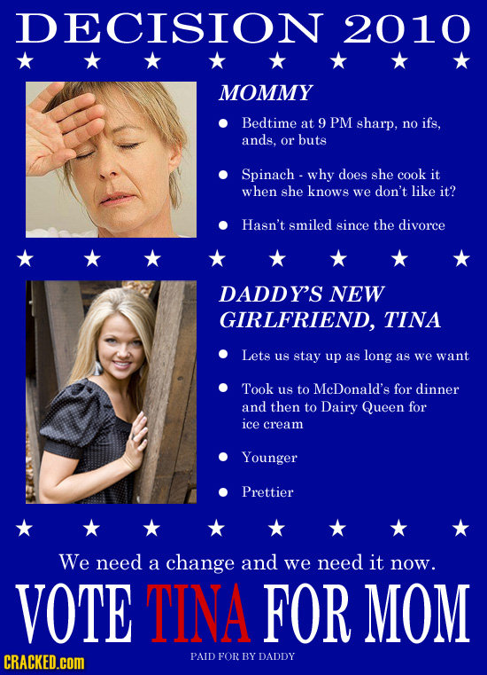 DECISION 2010 MOMMY Bedtime at 9 PM sharp, no ifs, ands, or buts Spinach - why does she cook it when she knows we don't like it? Hasn't smiled since t