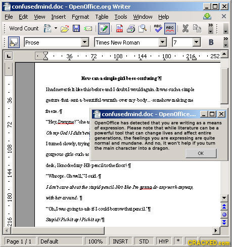 confusedmind.doc - - OpenOffice.org Writer X File Edit View Insert Format Table Tools Window Help X Word Count ABC ABC Prose Times New Roman 7 B 36 72