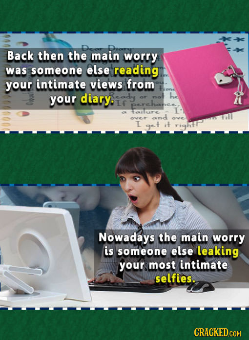 Back then the main worry was someone else reading your intimate views from your diary. not he Or perchance L llure and over one I get it righfr Nowada