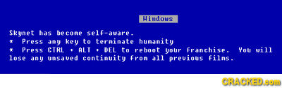 Hindous Skynet has becone self-auare. Press any key to terninate hunanity Press CTRL ALT DEL to reboot your Franchise. You vill lose any unsaued conti