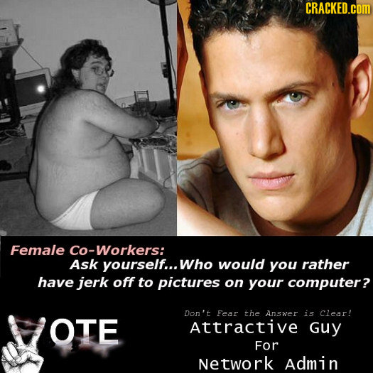 CRACKED.COM Female Co-Workers: Ask yourself... Who would you rather have jerk off to pictures on your computer? Don't Fear the Answer is Clear! OTE At