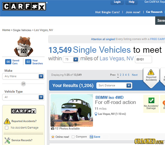Login Help Get CARFAX Rep CARF*X Hot Single Cars! 1 Join now! I Car Research Save Home Single Vehicles Las Vegas, NV Attention all singles! Every list
