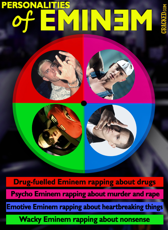 PERSONALITIES of EMINEM CRACKED.COM Drug-fuelled Eminem rapping about drugs Psycho Eminem rapping about murder and rape Emotive Eminem rapping about h