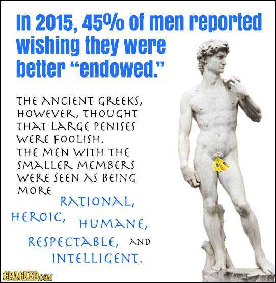 In 2015, 45%/ of men reported wishing they were better endowed. THE ANCIENT GREEKS, HOWEVER, THOUGHI THAT LARGE PENISES WERE FOOLISH. THE MEN WITH T