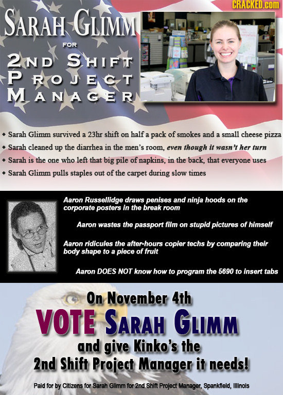 SARAH GLIMM CRACKED.COM FOR 2ND SHIFT PROJECT MANMAGER Sarah Glimm survived a 23hr shift on half a pack of smokes and a small cheese pizza Sarah clean