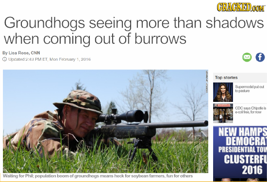 CRAGKEDCO Groundhogs seeing more than shadows when coming out of burrows By Liea Rose, CNN f Upcated :43 Pm ET. Mon February 1, 2016 Top storles Supem