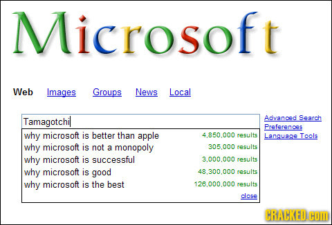 Microsoft Web Images Groups News Local Tamagotchil Advanced Sesrch Preferences why microsoft is better than apple 4.850.000 results Langusge Tools why