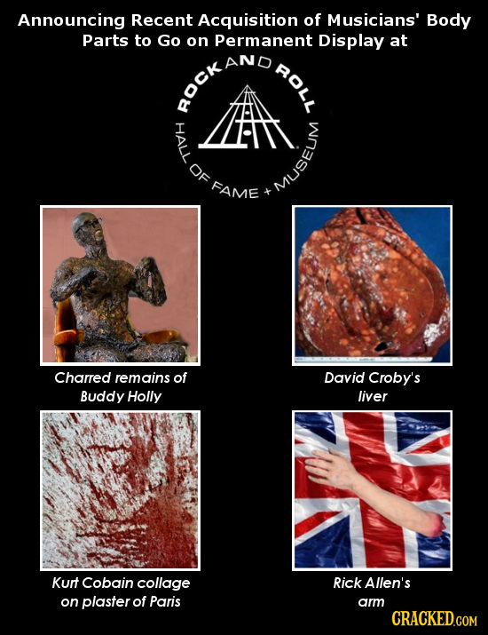 Announcing Recent Acquisition of Musicians' Body Parts to Go on Permanent Display at ROLL RockAnD OF FAME Museum Charred remains of David Croby's Budd