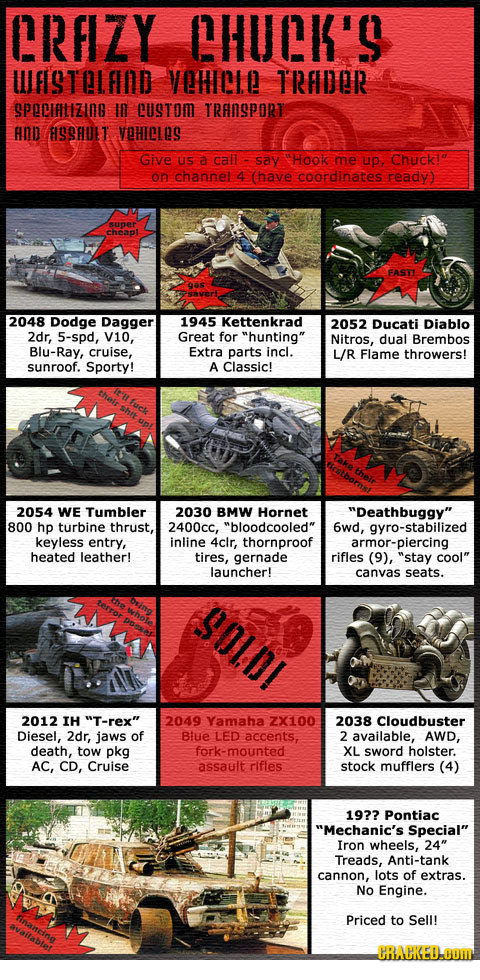 CRFIZY CHUCK'S UFISTPLFIND OHICLO TRFIDER SPECIAILIZIOG 10 CUSTOM IRANSPORT HOD FIS9HUET VOHICLAS Give US a call say Hook me up Chuckld O channel 4 (