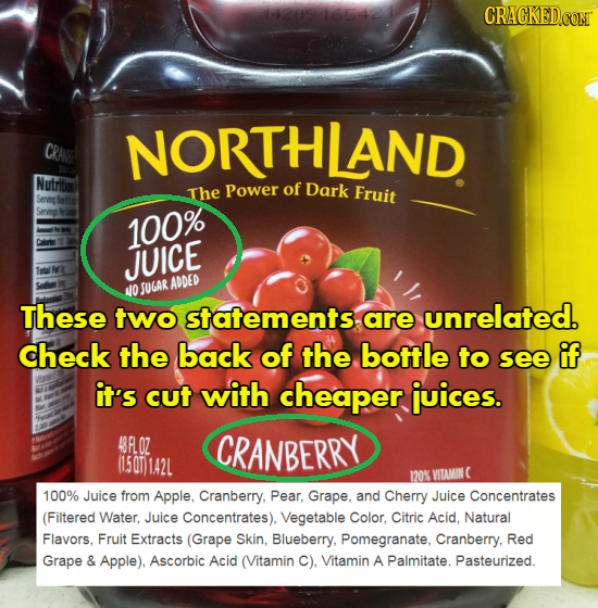 1l4 CRA NORTHLAND Nutritm The Power of Dark Fruit 100% 1a JUICE SUGAR ADDED NO These two statementsare unrelated. check the back of the bottle to see