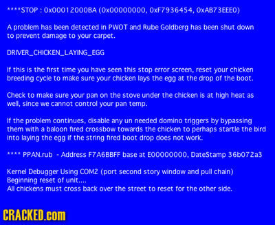 AASTOP : 0x00012000BA (0x00000000. 0xF7936454. OXAB73EEE0) A problem has been detected in PWOT and Rube Goldberg has been shut down to prevent damage