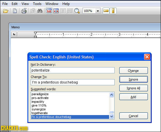 File Edit View Tools Window Help 1:1 BB 100% Memo L 2 3 Spell Check: English (United States) x Not In Dictionary: potentialize Change Change To: Ignor