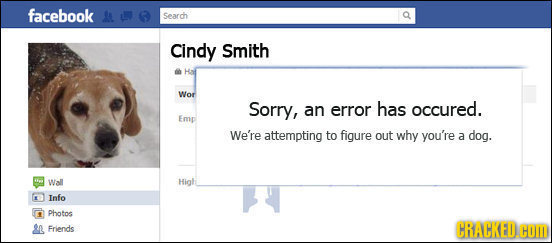 facebook Sarch Cindy Smith Wor Sorry, an error has occured. Emp We're attempting to figure out why you're a dog. Wall High Info Photo Friends CRACKED.