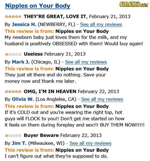 Nipples on Your Body CRACKED THEY'RE GREAT, LOVE IT, February 21, 2013 By Jessica H. (NEWBERRY, FL) See all my reviews This review is from: Nipples on