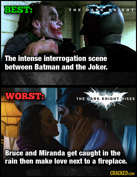 BEST: THE DARK KPNIG HT The intense interrogation scene between Batman and the Joker. WORST: THE DARK KNIGHT RISES Bruce and Miranda get caught in the