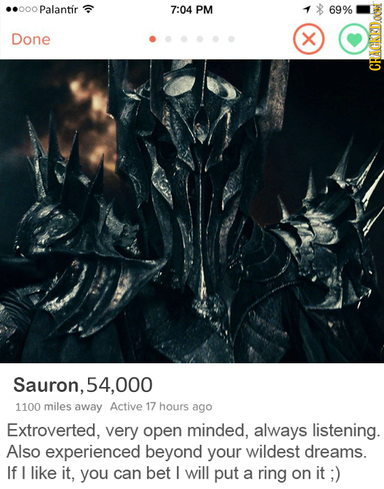 O00 Palantir 7:04 PM %o Done X CRACKEDOO Sauron, 54,000 1100 miles away Active 17 hours ago Extroverted, very open minded, always listening. Also expe